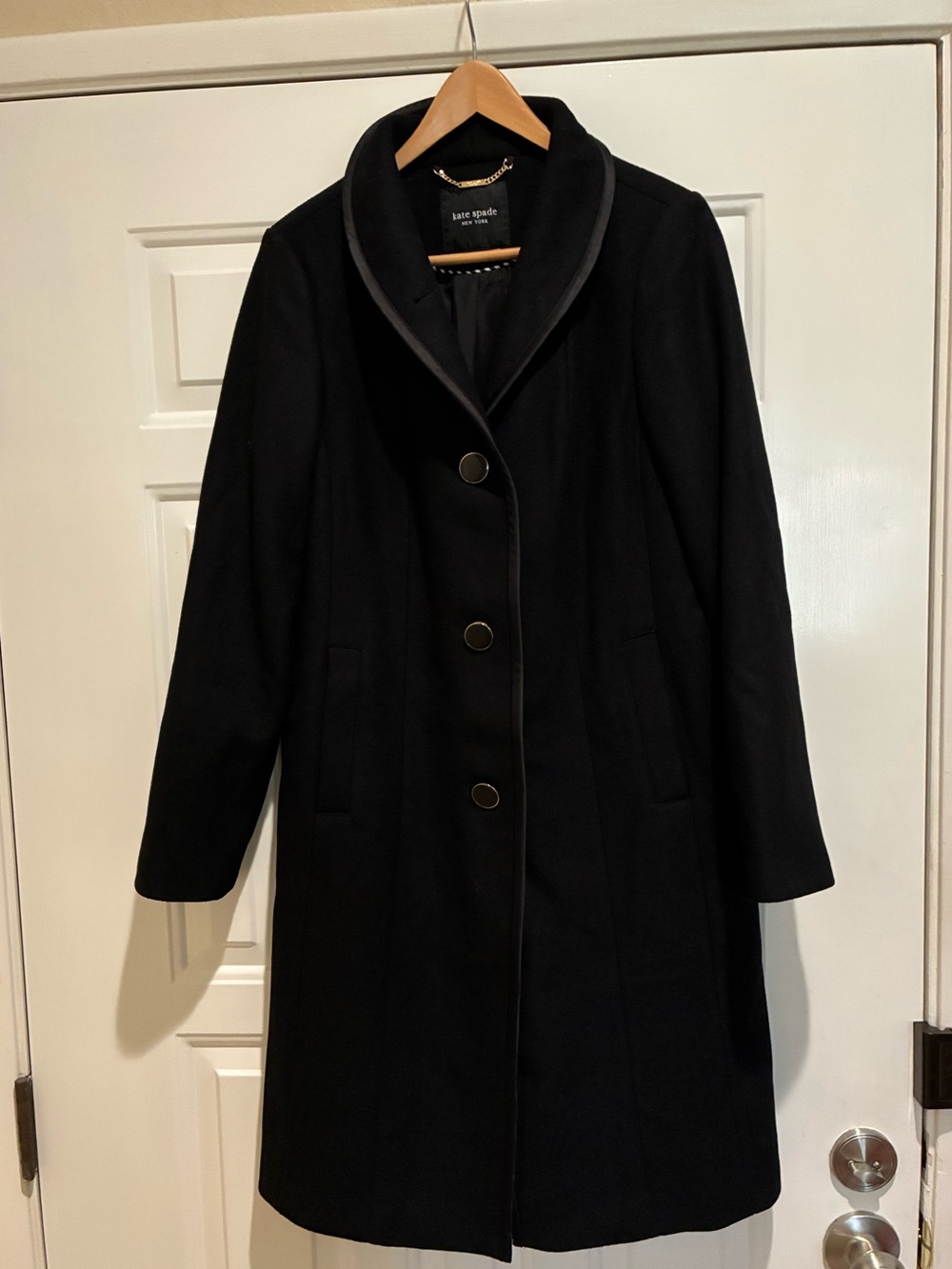 Kate Spade new black satin pipe gold log hardware Single-Breasted Wool blend Coa